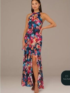 Keyhole Halter Floral Chiffon Sheath Dress - Navy/Multi
